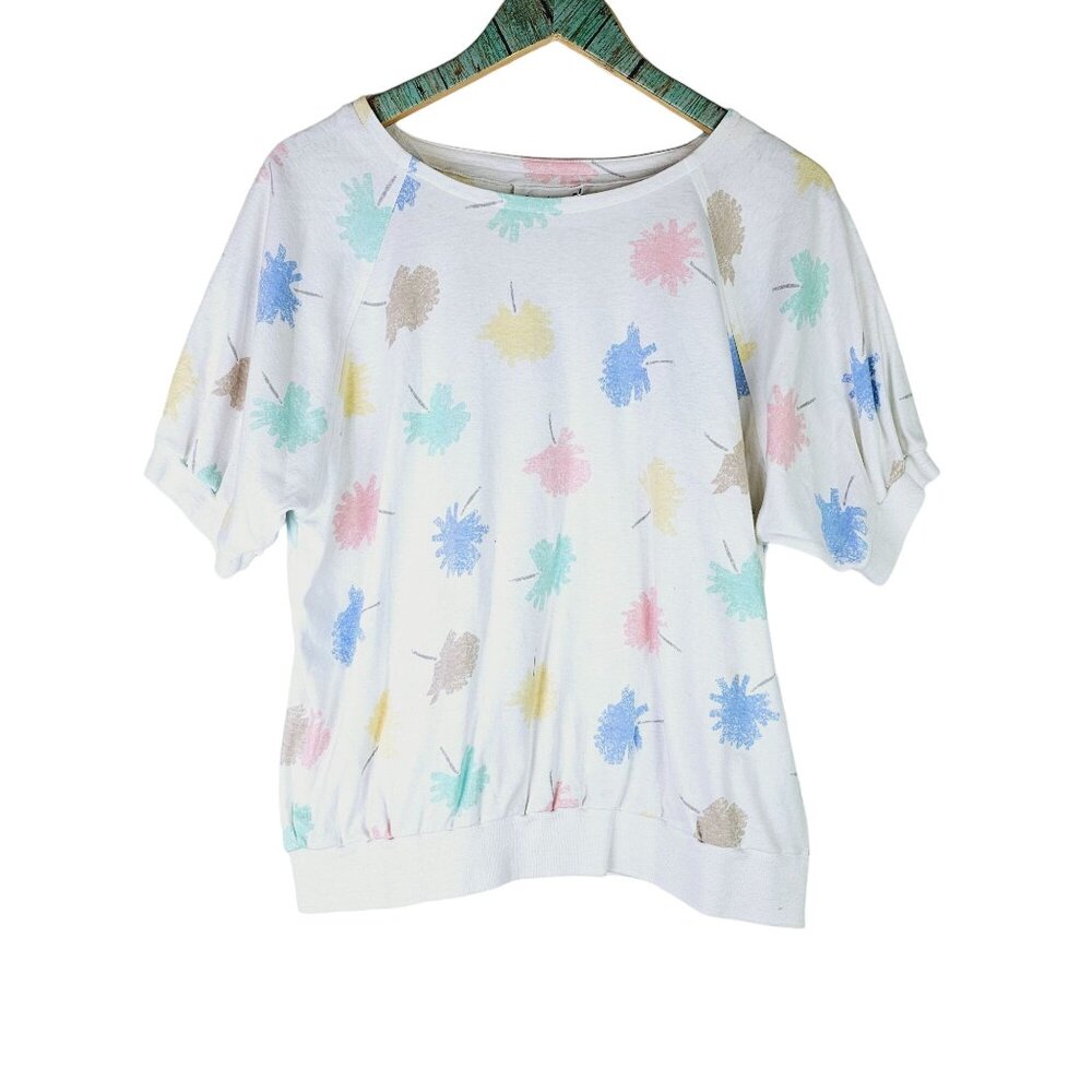 Vintage 70's Lady Devon Pastel Leaf Splotch Short Waisted Top, Sz 1X